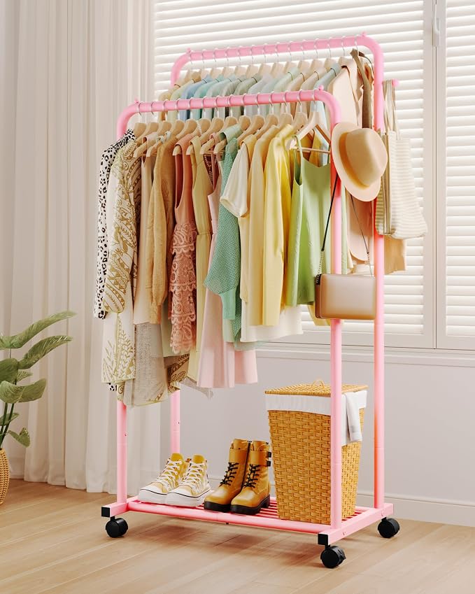 Sakugi Clothes Rack - Double Rods Clothing Rack with Mesh Shelf, Hooks & Wheels, Metal Clothing Racks for Hanging Clothes & Bags, Multifunctional Garment Rack for Laundry, Pink, 28.7" x 16.5" x 59.1"