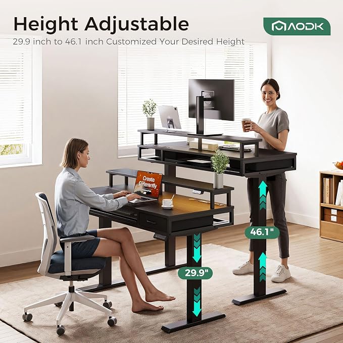 AODK 55 Inch Electric Standing Desk with Drawers & Keyboard Tray, Black | 3 Outlets & 2 USB Ports, LED Lights, Monitor Stand, Cable Management Tray, 3 Memory Heights, 29.9"-46.1" in Range