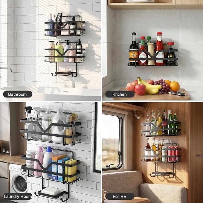 Adhesive Shower Caddy No Drilling Bathroom Organizers, 3 Pack | Self Adhesive Shelf Organizer Rack, Rustproof Shower Storage Rack with Soap Dish, Side Hooks, Large Capacity Bathroom Storage