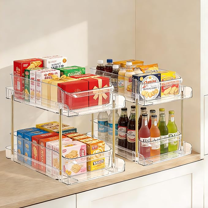 LAREKUN2pack 2-Tier Organizer & Storage Unit Stackable Bathroom Cabinet Organizer Pull-Out Kitchen Pantry Organizer & Storage System Suitable for Countertops, Pantries, Kitchens, Bathrooms