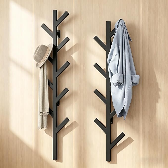 Vlush 2Pack Wall Mounted Coat Rack - 9 Hooks, Modern Metal Design, for Hats, Coats, and Bags - Suitable for Entryways and Bedrooms - Black (37.8" Height)
