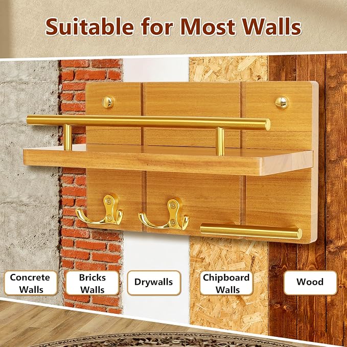 9.8” Solid Teak Wood Key Holder Wall Mount with Shelf and Hooks | Crafted from natural solid teak wood with unique grain patterns, bringing warmth and elegance to your entryway