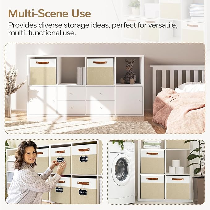 Patvingot 13-Inch Linen Storage Cubes with Labels and PU Handles,4 Pack | Roomy storage for blankets, sweaters and towels, reinforced bottom, contents stay easy to identify, folds flat when empty