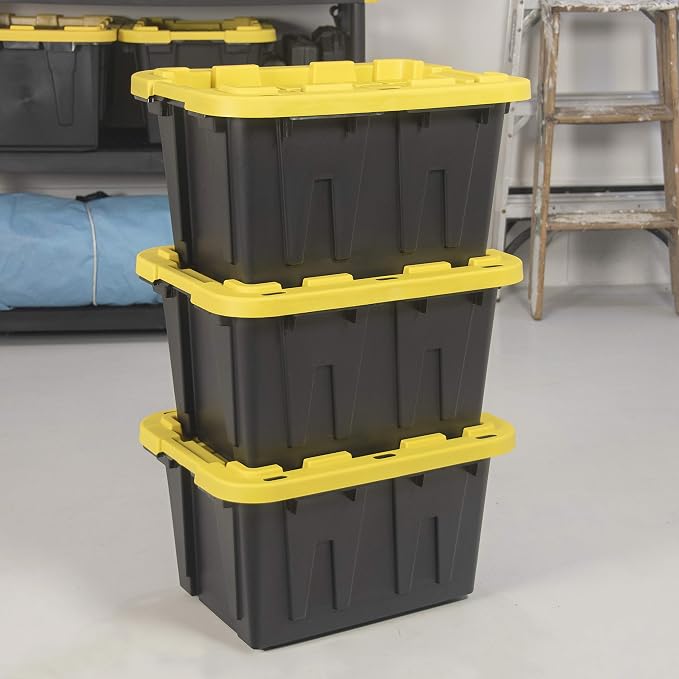 CX Heavy Duty 12-Gallon Stackable Plastic Storage Bins with Lids, 4 Pack | Storage totes for garage organization, Stackable containers, weather-resistant, snap lid, 12.5H x 16.3W x 21.8D, Black/Yellow