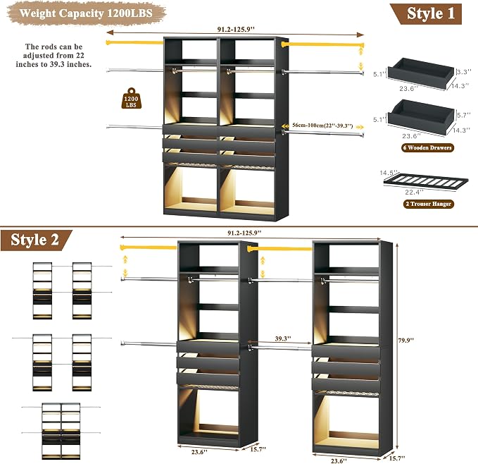 Closet System Set of 2, 5.7-10.4FT Closet Organizer System with 6 Wood Drawers & 2 LED Glasstop, Wood Walk-in Closet with 10 Hanging Rods & 2 Trouser Rack, Built-in Garment Rack with Shelves, Black
