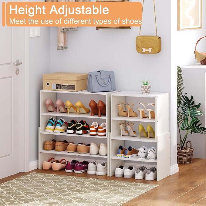 X-cosrack 2 Pack 2-Tier Shoe Rack Organizer for Closet, Expandable and Adjustable White Shoe Rack, Stackable Iron Wood Combination Shoe Storage Shelves for Closets, Entryway, Small Space, Garage