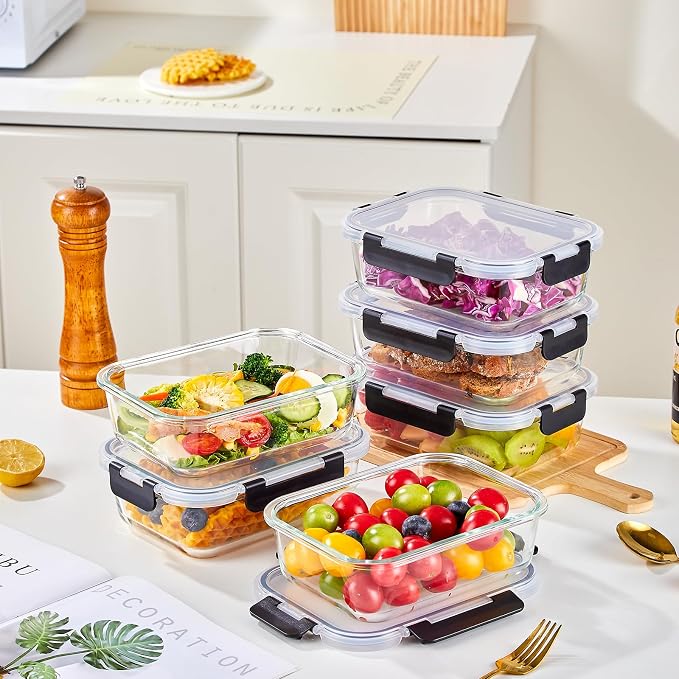 Liuruiyu 10 Pack 21.6oz Glass Food Storage Containers with Lids, Meal Prep Containers, Airtight Bento Boxes with Leak Proof Locking for Microwave, Oven, Freezer and Dishwasher, BPA Free