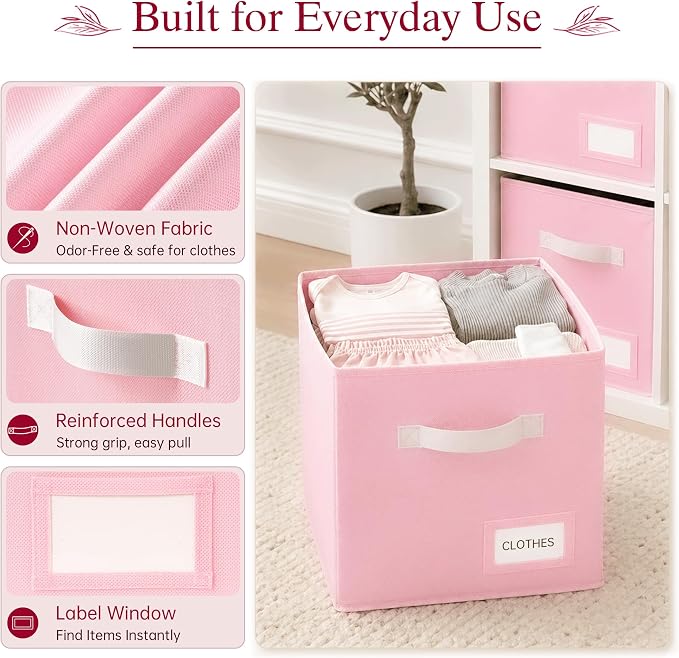 Storage Cubes 10 Pack, 11 Inch Fabric Storage Bins Organizer with Labels, Odor-Free & Sturdy PP Structure, Collapsible Cubby Baskets for Closet, Shelves, Toys & Nursery (Pink)