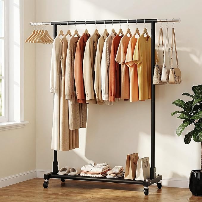 Luxspire 350LBS Heavy Duty Clothes Rack Black Rolling Garment Rack, Black | Rustproof iron frame, extendable hanging rod, oxford bottom storage, lockable casters for bedroom laundry balcony