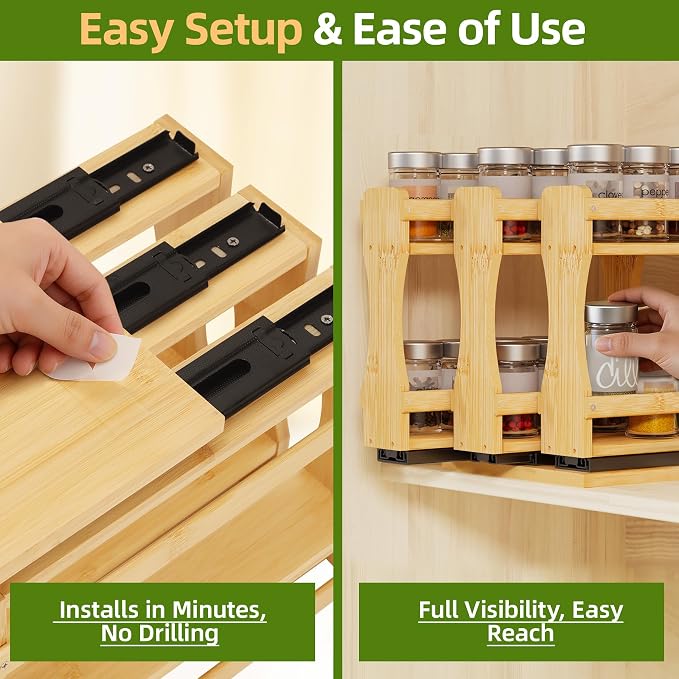 BAMEOS Pull Out Spice Rack Organizer for Cabinet, Bamboo Wide 7.7" Slide Out Seasoning Organizer for Kitchen, No Drill Anti-Tip Ball Bearing Silent Glides, Pantry Cabinet Organizer, Natural