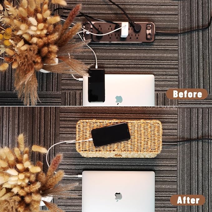 BROWNLILY Cable Management Box, Rattan Style Cord Organizer for Desk Cord Hider Outlet Covers for Power Strip TV PC Router Charger Under Desk Storage with Lockable Lid and Cable Ties