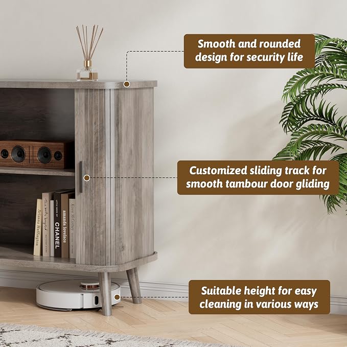 BORNOON Buffet Cabinet with Storage, Curved-Edge Fluted Storage Cabinet Sideboard, Modern Black Sideboard Buffet with Adjustable Shelves & Sliding Door for Dining Room, Kitchen, Entryway (Wood)
