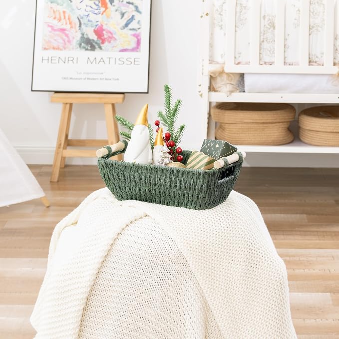 StorageWorks Round Paper Rope Woven Basket with Wooden Handles for Gifts, Small Woven Baskets for Shelf, Bosana Green, 2-Pack