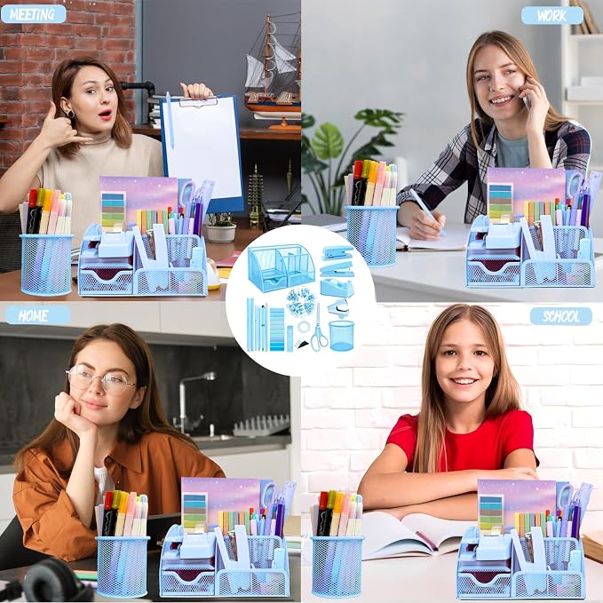 Blue Office Supplies, 17Pcs Blue Desk Accessories Set Include Stapler, Mesh Desk Organizer, Tape Dispenser, Staple Remover, Pen Holder, Clips, Pens, Ruler, for Office Home School Women Students Gift