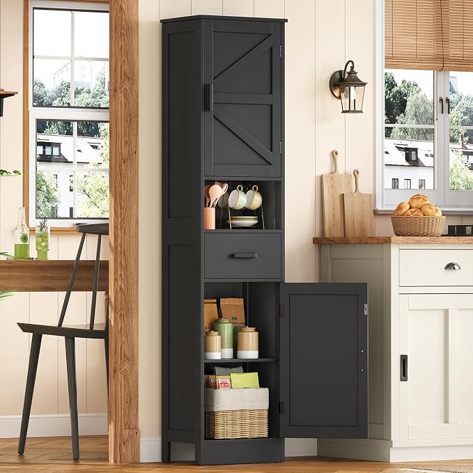 Tall Bathroom Storage Cabinet with Barn Doors, Narrow Bathroom Cabinet with Drawer, Narrow Storage Unit, Adjustable Shelves, Floor Cabinets for Living Room, Entryway, Kitchen, Black