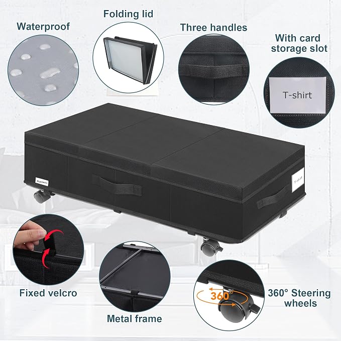 Supowin Under Bed Storage with Wheels, 2Pack Rolling Underbed Storage | 7.3 Inches Tall Under the Bed Container with Lids, Reinforced Handle, Reinforced Metal Bottom Support, 360° Rotating Wheels