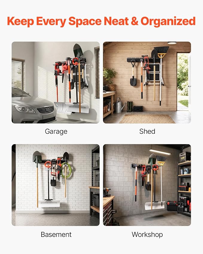 VEVOR Garage Tool Organizer 33 Inch 400 lbs Wall Mount Garden Tool Rack, Heavy Duty Garage Hanging Storage Rack Organization with 2 Rails and 5 Adjustable Hooks, for Yard Tools, Shovel, Rake, Shed