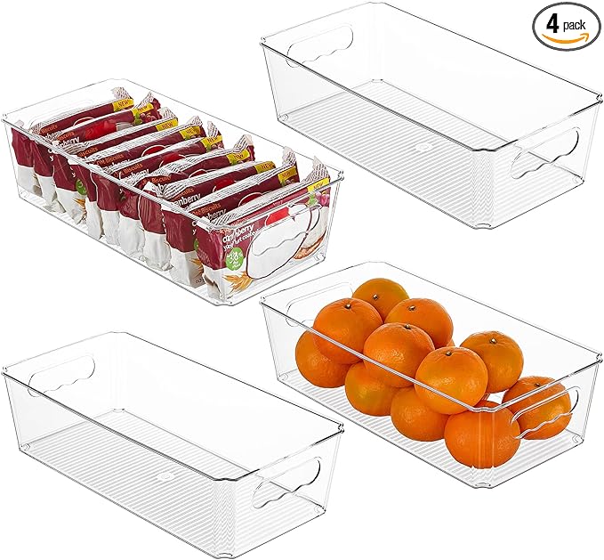 Vtopmart 4pcs Clear Storage Bins with Handles | BPA-free Plastic Storage Containers, Easy to Move, For Fridge Freezer, Pantry Cabinet Kitchen Organization, Built to Last