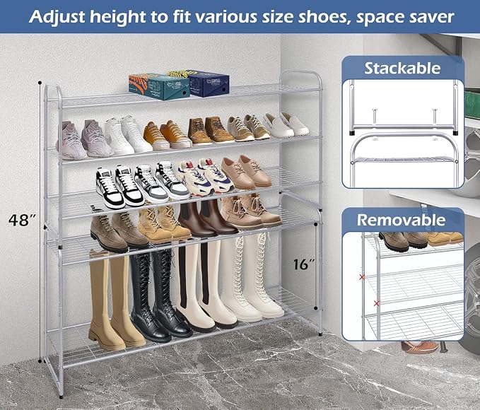 KEETDY 3-Tier Long Shoe Rack for Closet Metal Shoe Organizer for Entryway, Wide Stackable Shoe Storage Shelf with Sturdy Wire Grid for Closet Floor, Bedroom, Grey
