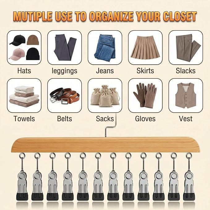 Closet Organizer with 10 Clips, 2PCS Space Saving Hanging Closet Organizer, Space-Saving Hat Scarf Clothespins for Jeans Skirts Socks Leggings Wooden Pant Hangers with Clips(Vintage+Wood)