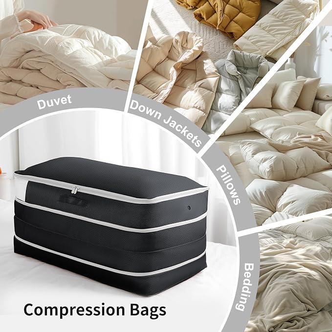 Comforter Storage Bag - Large Capacity Bedding Storage Bags Ultra Space Saving Self Compression Organizer, Washable Compression Bags for Storage Comforter Blanket Duvet Pillow, 2-Pack, Black