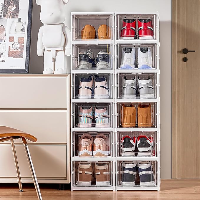 Nicunom Foldable Shoe Rack Organizer, 6-Tier Shoe Storage Box Collapsible Plastic Shoe Shelf Clear Shoe Boxes with Doors, Stackable Shoe Storage Bins Shoe Organizer for Entryway Closet