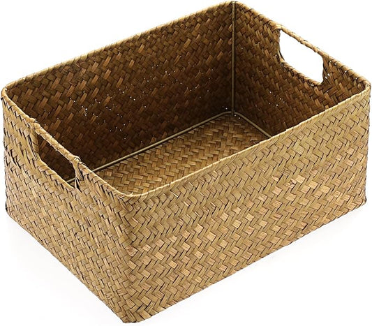 Hipiwe Seagrass Storage Basket Bin Rectangular Handwoven Wicker Storage Box with Handle Opened Baskets Box for Shelf Organizing Closet Bathroom, Caramel, Medium