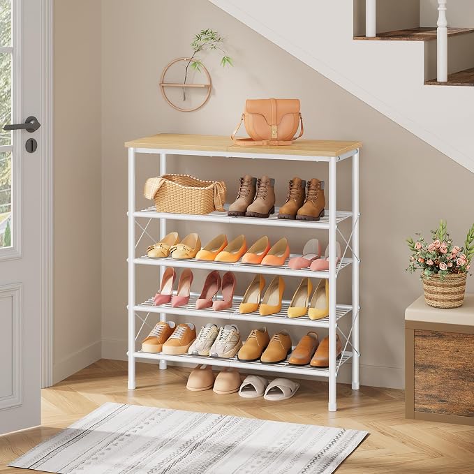 5 Tier Shoe Rack Organizer for 16-20 Pairs of Shoes, White & Log | Sturdy & Durable, X Shape Fixed Frame, Metal Mesh Shoe Shelf, Industrial, For Closet, For Entryway Shoe Storage