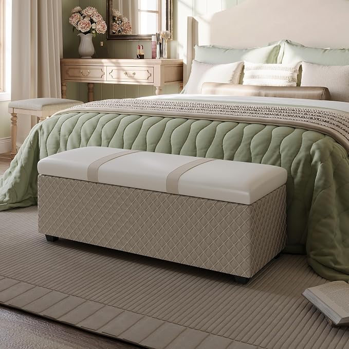 38" Multicolor Faux Leather Storage Ottoman Bench | Solid wood frame bench, 4-leg easy assembly. Use as end-of-bed, footrest, entryway seat. Hinged hidden storage, multi-use.