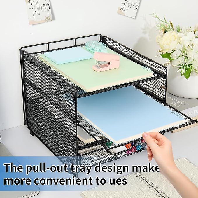 OPNICE Desk Organizer, 4-Tier Desktop File Organizer with Drawer, Office Desk Accessories, File Sorters, Workspace Organizers for Office Supplies(Black Upgraded)