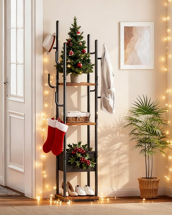 Coat Rack Freestanding, Coat Rack with 3 Shelves, 8 Hooks and 1 Fabric Pouch, Square Coat Hanger Stand, Metal Clothes Tree for Living Room, Bedroom, Entryway, Rustic Brown and Black TYM03BF