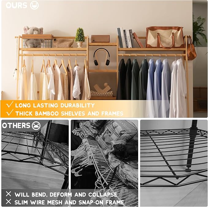 Baveke Bamboo Garment Rack 9 Tier Storage Shelf Coat Clothes Hanging Rack, Portable Wardrobe Closet Organizer With Top Shelf, Shoe Storage Shelves for Bedroom, Natural, FSC-Certified Bamboo