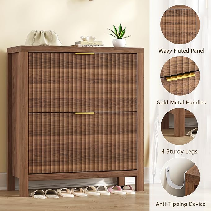 Fluted Shoe Cabinet Storage with 2 Flip Drawers for Entryway, Hallway | Narrow Shoe Rack Freestanding Shoe Organizer with Legs for Entryway，Hallway, Walnut