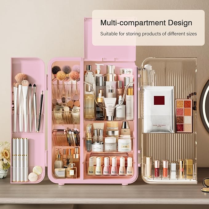 Makeup Organizer for Vanity, Large Capacity Skincare Organizers and Storage with Drawers, Dustproof Cosmetic Display Case for Bathroom Countertop, Trendy Teen Girl Gifts, Pink