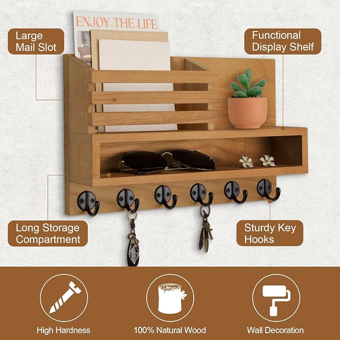 Key and Mail Holder Wall Mount, Key Hanger with Long Storage Box and Key Hooks for Coat, Dog Leash, Home Decor Rack, House Accessories, Entry Way Organizer