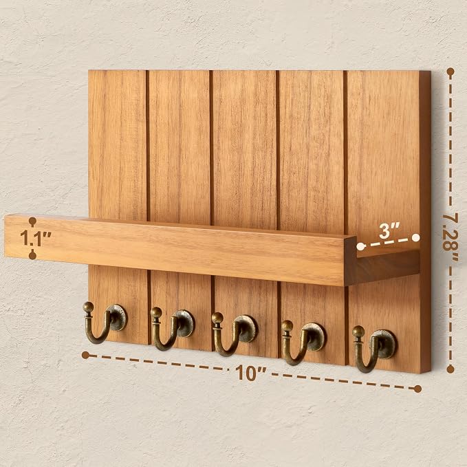 Rebee Vision Key Holder Wall Mount with Shelf for Living Room, Light Brown | 3.54" x 10" x 7.28", 5 Hooks, Key Holder for Wall, Mail Organizer, Floating Shelf, Apartment Essential, Rustic Decor Accent