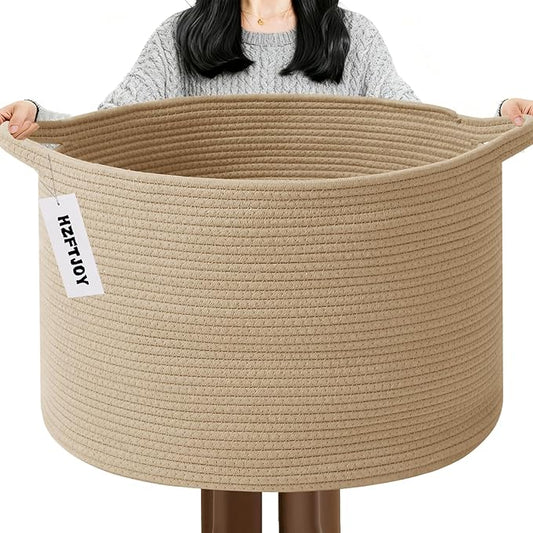 115L Extra Large Blanket Basket,Woven Rope Laundry Basket-Camel | Collapsible, reinforced handles, nursery storage bin organizes clothes, toys and pillows for living room, bedroom bathroom
