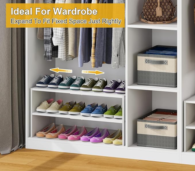 White Shoe Rack Organizer for Closet, 2-Tier Expandable Shoe Shelf, Stackable Iron Wood Combination Small Shoe Racks Shelves for Closets, Entryway,Small Space,Hallway,Bedroom,Bathroom,6-12 Pairs