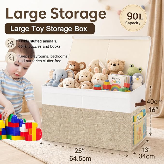 Large Toy Storage Box with Lid Upgraded Toy Storage Chest Organizer with Divider Foldable Toy Bin for Kids Boys Girls Playroom Nursery Bedroom (25"x13"x16")