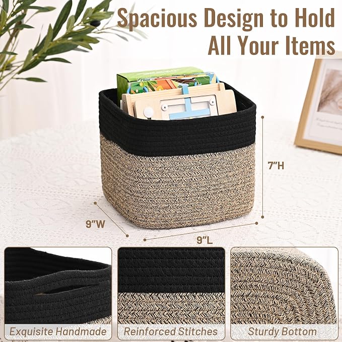 3 Pack Cube Storage Bin, 9”x9”x7” Cotton Rope Woven Baskets for Organizing Toys Clothes Towels, Square Gift Storage Baskets for Shelves, Nursery, Closet, Bathroom, Pantry (Black & Brown)