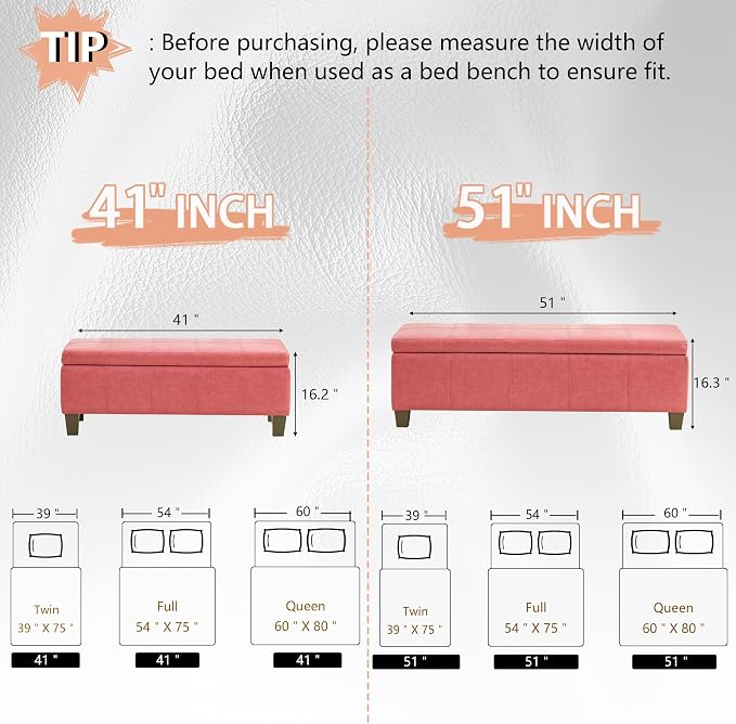 41" Storage Ottoman, Storage Bench with Safety Hinge, Upholstered Synthetic Leather Ottoman Bench for Bedroom, Living Room, Entryway, Hallway, Foot Rest, Support 500lbs