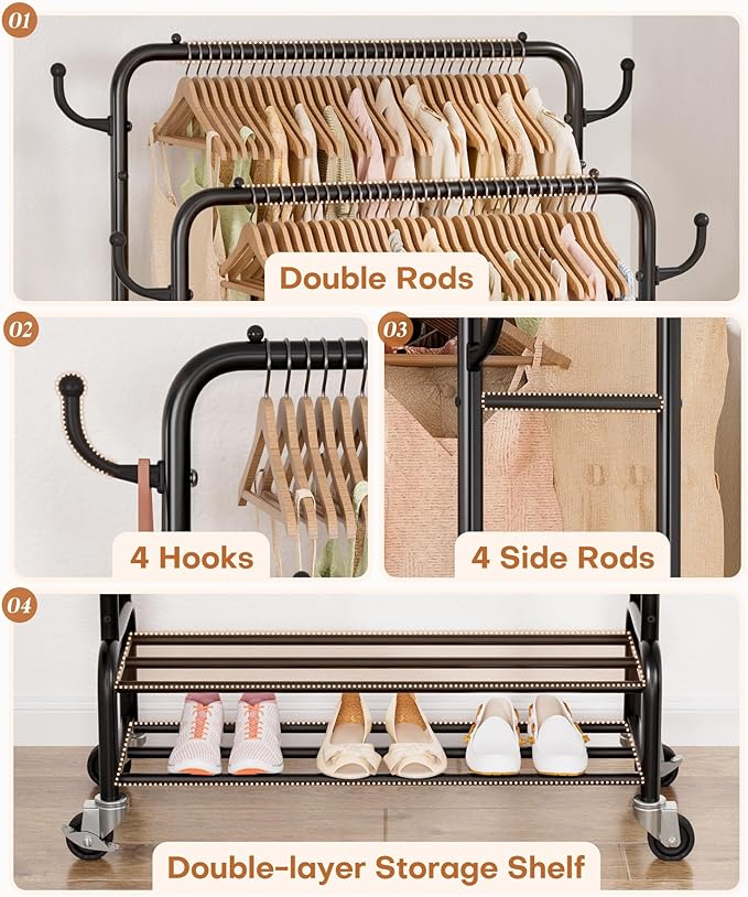 Homde Sturdy Garment Rack for Bedroom: 265 lbs Heavy Duty Clothes Organizer | 2 Hanging Rods Hold Coat to T-Shirt - Easy Roll & Park on Wheels - Metal Frame Stays Solid & Stable at Full Load