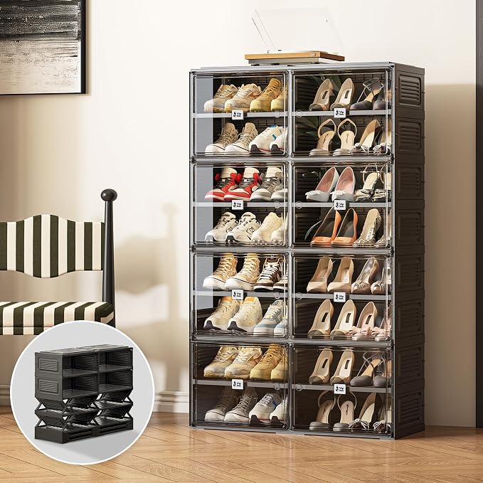Black Shoe Rack Organizer Cabinet for Closet Entryway,Clear Shoe Storage Boxes Stackable Sneaker Storage with Door Easy Assembly Shoe Cabinet with Lids Large 8 Tiers 32 Pairs