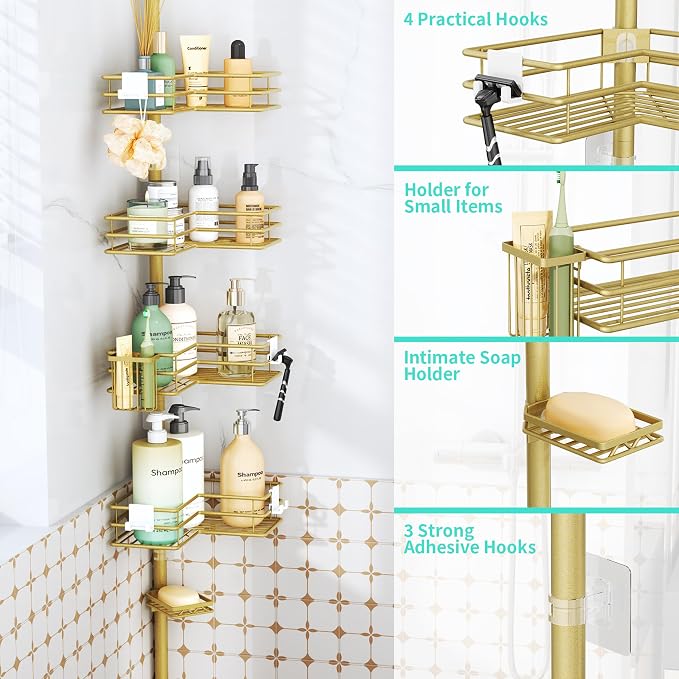 HapiRm Corner Shower Caddy Shelves - Shower Rack with Toothbrush Holder | Shower Organizer with Soap Holder and 4 Hooks,Rustproof Bathroom Storage Tension Pole Available for 27.6 to 108.3 Inch - Gold