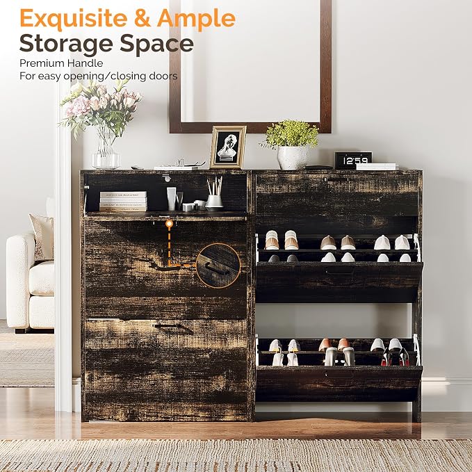 VINGLI Set of 2 Shoe Cabinets Storage for Entryway,2-Pack,Dark Rustic Oak | 16–24 Pairs,Skirting Board Cutout,Drop-Down Drawer,9.4"D Slim,Farmhouse,2 Flip Drawers,Adjustable & Removable Shelf