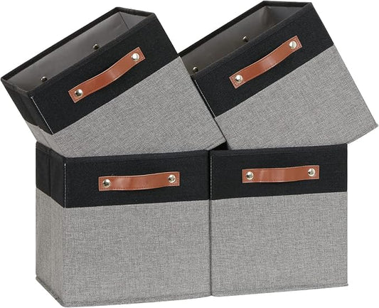 Temary 11 x 11 Cube Storage Bins Fabric Storage Cubes for Shelf, Closet, 4 Pack Cube Basket for Clothes, Storage Cube Bins with Leather Handles(Black&Grey)