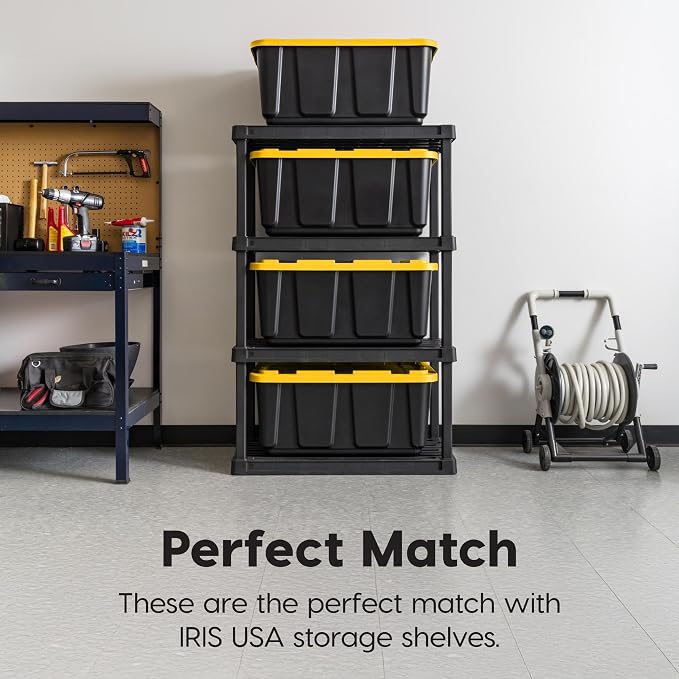 IRIS USA 4-Pack 27 Gal Heavy Duty Storage Tote Bins with Lids, Black/Yellow | Large-capacity design handles moving, camping gear and bulky equipment, Stackable shape maximizes garage storage