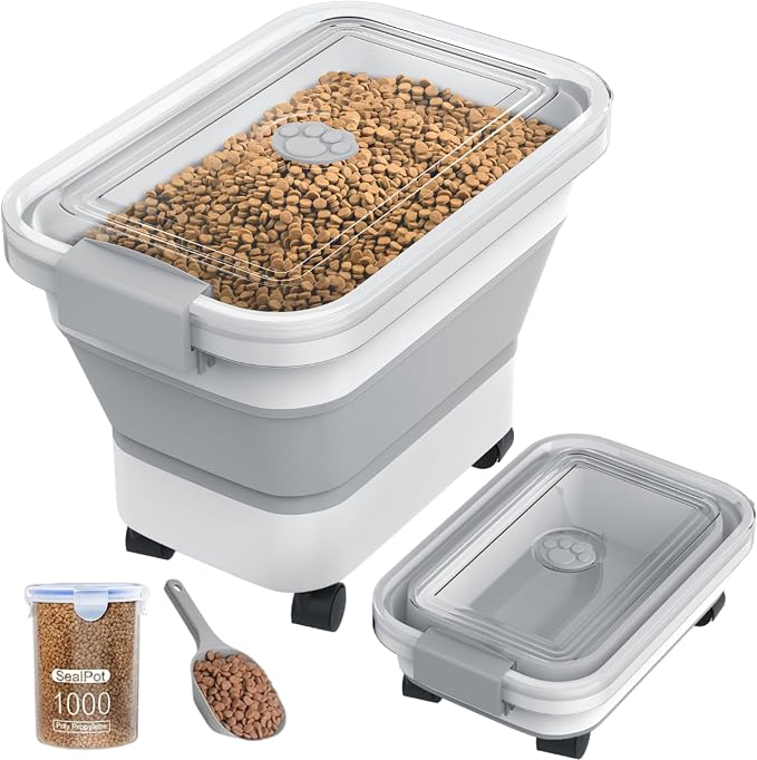 20-23 Lbs Dog Food Storage Container,Collapsible Dog Food Container | Pet Food Storage Container with Transparent Airtight Lid,Multifunctional for Dog Cat,Rice,Flour,Scoop and Small Container