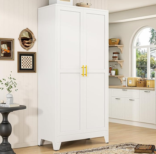 PAOFIN 75" Metal Kitchen Pantry Cabinet,White Storage Cabinet with Doors and 5 Adjustable Shelves, Cabinet with 2 Metal Handles,Tall Cabinet for Livingroom,Pantry, Bathroom,Kitchen