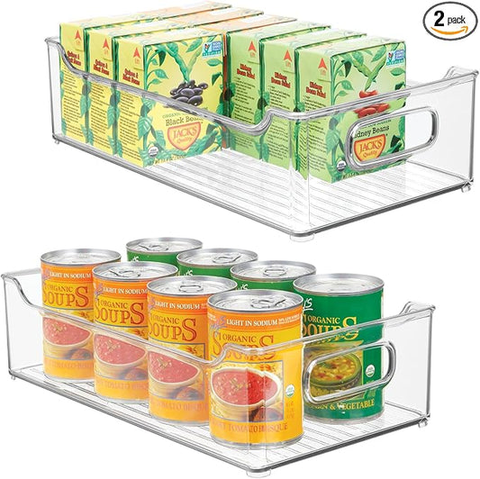 mDesign Wide Plastic Kitchen Storage Container Bins with Handles -Organization in Pantry, Cabinet, Refrigerator or Freezer Shelves - Food Organizer for Fruit, Yogurt, Squeeze Pouches - 2 Pack - Clear